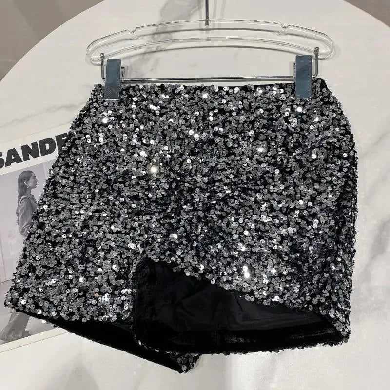 New Autumn Black Velvet Shorts Women Sequined Shiny Versatile Short Pants Clubwear Shorts Hot Pants High Street