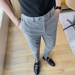 Men's Striped Trousers Stretch Feet Casual Pants Dark Gray High-quality Formal Suit Pants Pantalones Hombre