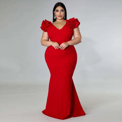 Plus Size Evening Dress Elegant Lady Ruffle Red Black Sexy Backless Large Sizes Women Party Formal Maxi Long Dresses Summer 2023