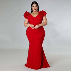 Plus Size Evening Dress Elegant Lady Ruffle Red Black Backless Large Sizes Women