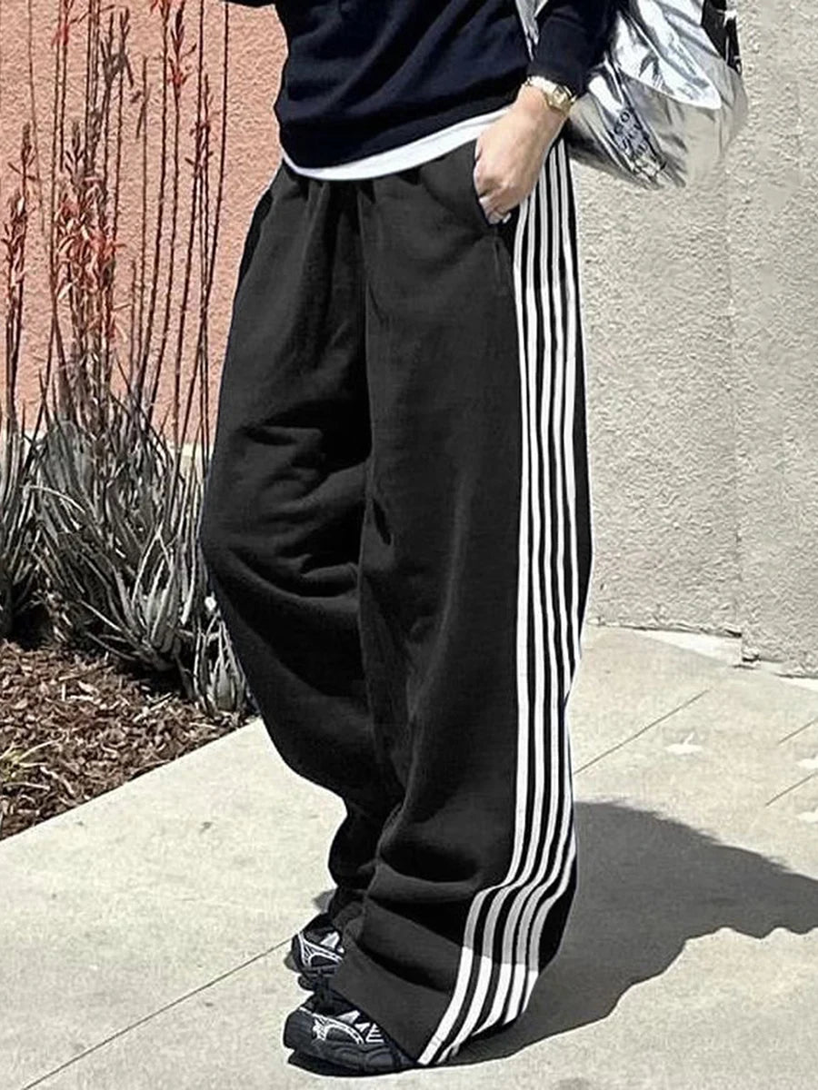Women Y2k Wide Leg Track Pants Baggy Side Striped Joggers Sweatpants Elastic Waist