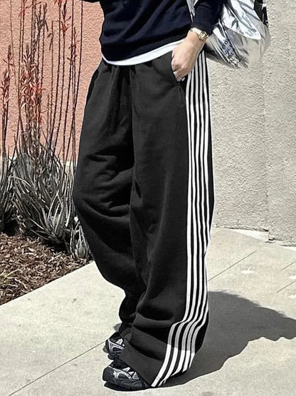 Women Y2k Wide Leg Track Pants Baggy Side Striped Joggers Sweatpants Elastic Waist