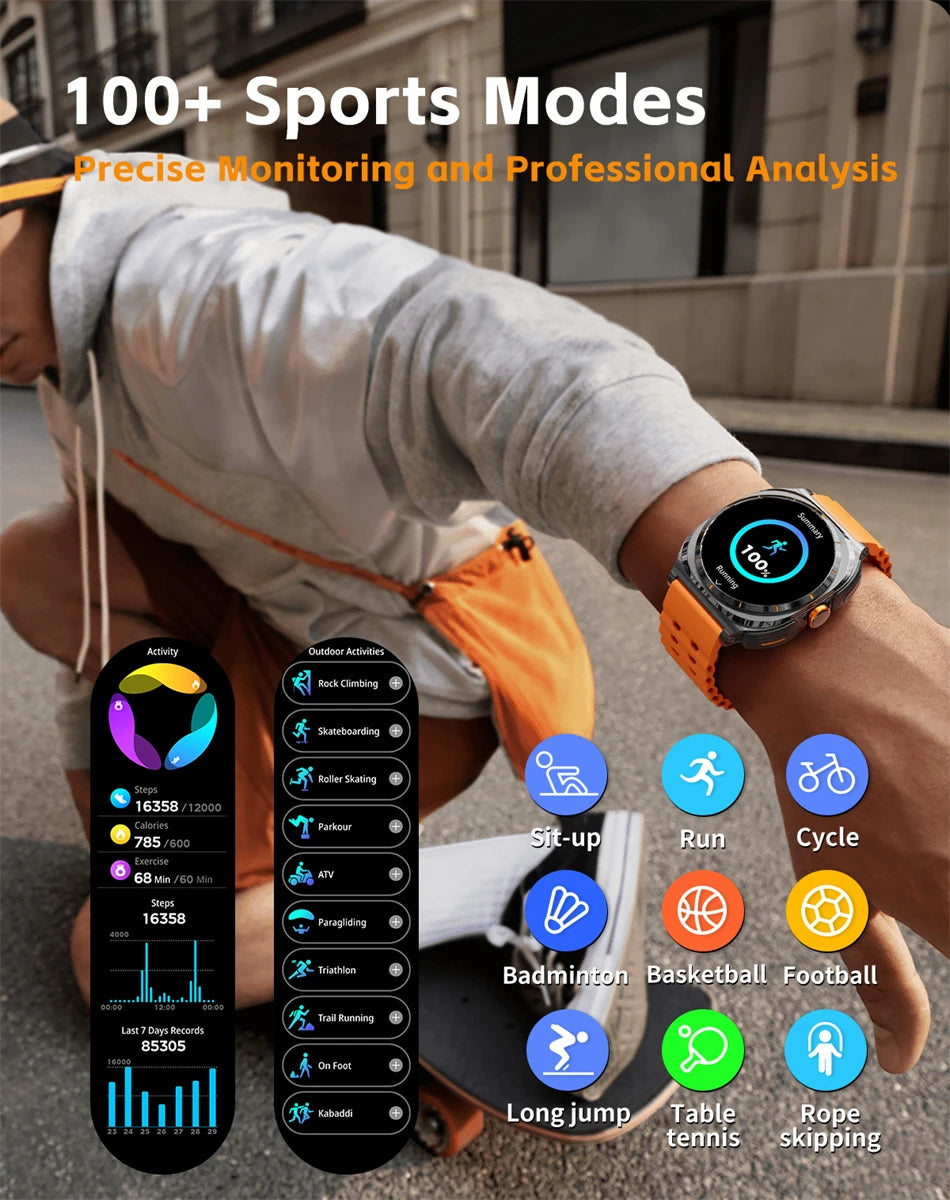 2025 New 6ATM Waterproof Smart Watch Men Outdoor SmartWatch GPS earphone Compass Heart rate LED  Bluetooth Call Sports Gift