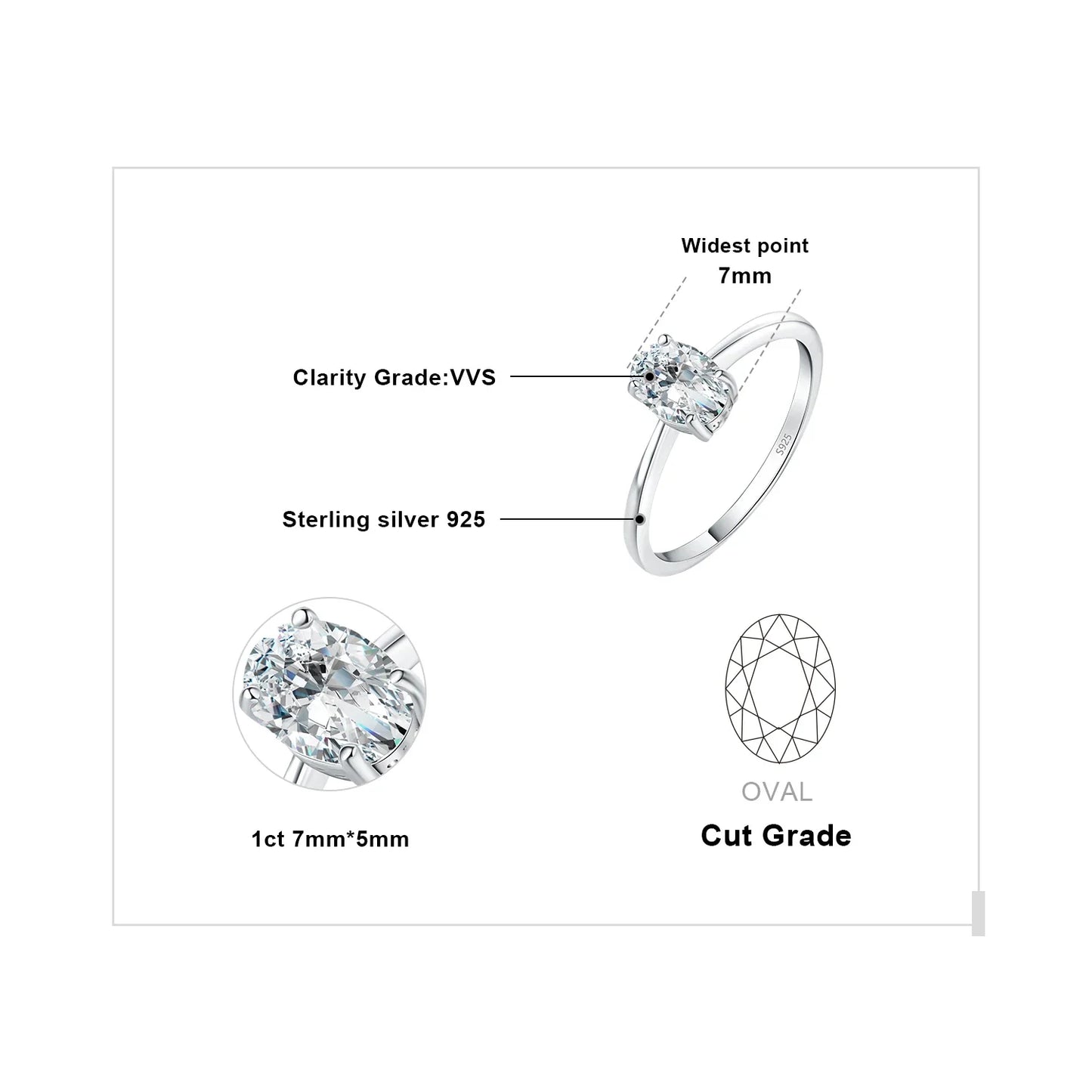 JewelryPalace Moissanite D Color 1ct 2ct Oval S925 Sterling Silver Solitaire Wedding Engagement Ring for Woman