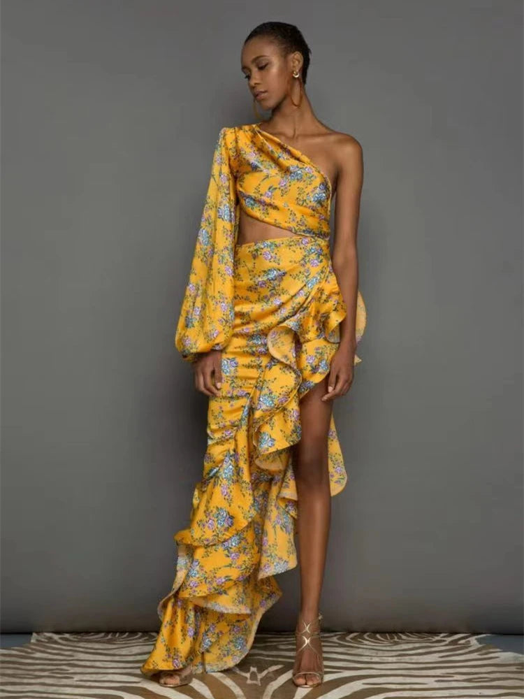 Formal attire Dresses: Floral Irregular Ruffle Dress One Shoulder Cut Out Ruffle
