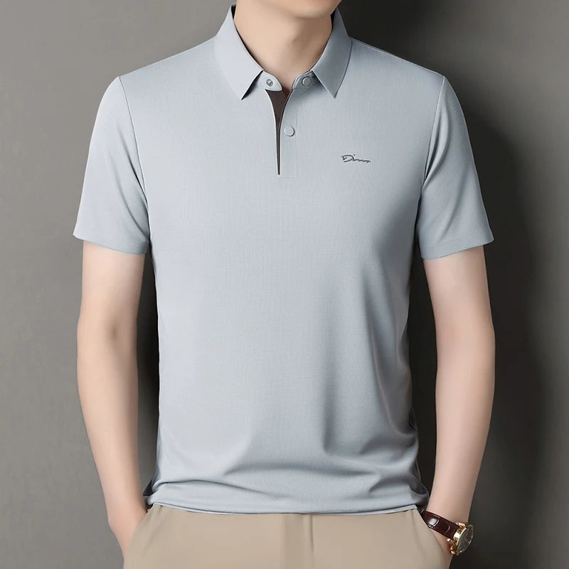 Summer seamless ice silk short sleeved T-shirt, polo shirt, flip collar, casual elastic top, breathable thin half sleeve