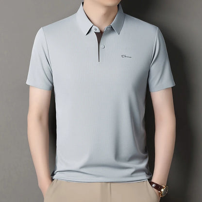 Summer seamless ice silk short sleeved T-shirt, polo shirt, flip collar, casual elastic top, breathable thin half sleeve