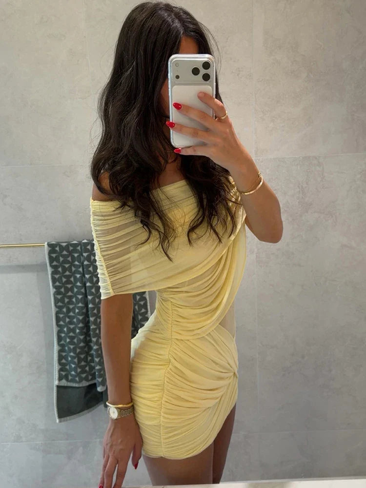 Kliou Sexy See Through Mini Dress Woman Slash Neck Backless Skinny Peach Buttocks Hot Girls Midnight Club Party Hipster Bodycon