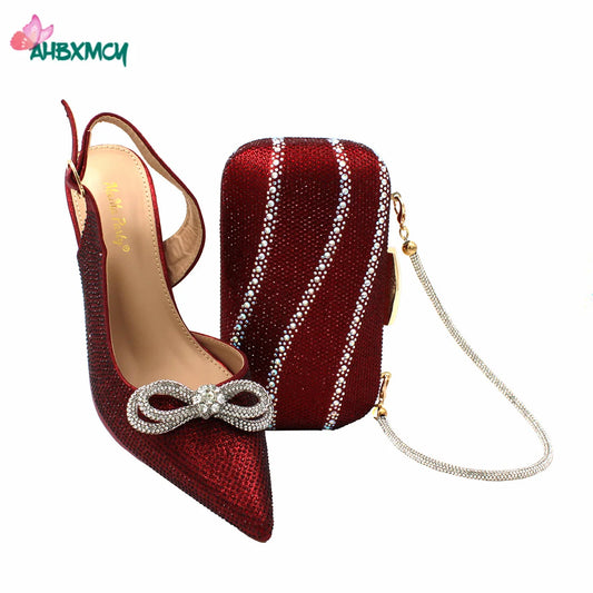 2022 High Quality Pointed Toe Ladies Sandal Shoes Matching Bag Set in Wine Color For Nigerian Women Wedding Party