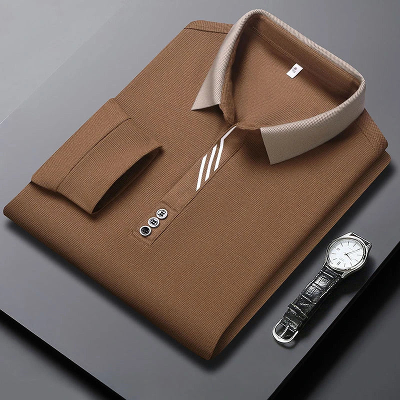 New Men's Business Casual Long Sleeved Shirt Solid Color Polo Shirt Fashionable Breathable Comfortable Versatile Top