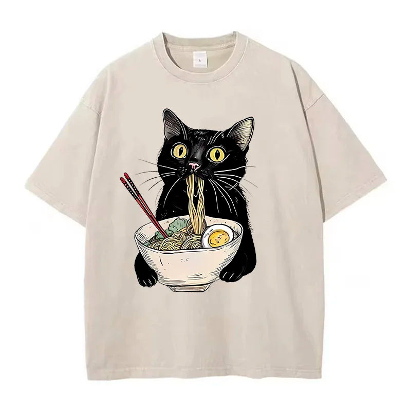 Unisex Hip Hop T Shirt Vintage Washed 100% Cotton T-Shirt Black Retro Cat Eating Ramen Graphic Tee Casual Streetwear