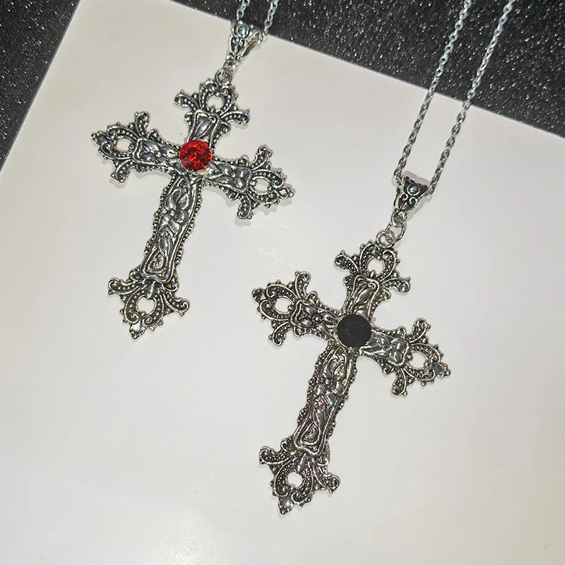 Gothic Big Zircon Cross Necklace Unisex Y2K Irregular Goth Large Cross Pendant Necklaces  for Men Women Couple Necklace Jewelry