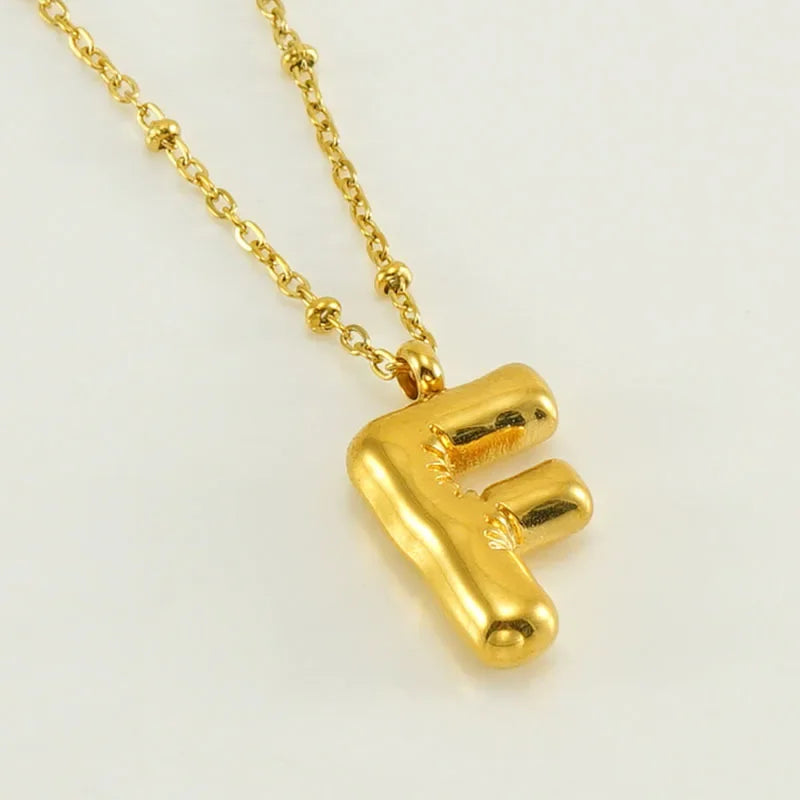 Vintage Stainless Steel Balloon Bubble Chunky Letter Necklace for Women 18K Gold