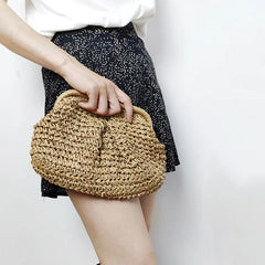 Women Clip Clutch Bag Straw Weave Wallet Ladies Chain Shoulder Crossbody Bags