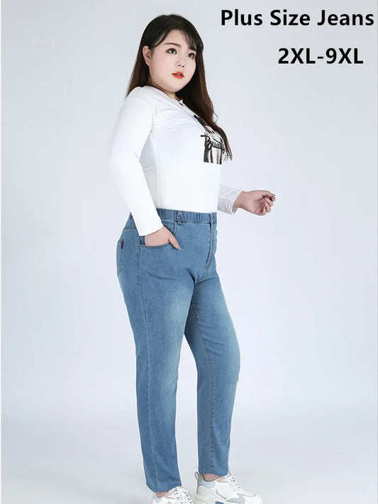 Classic Blue Women Pant Jeans 9XL 140KG 7XL 6XL Plus Size Large High Waist Elastic