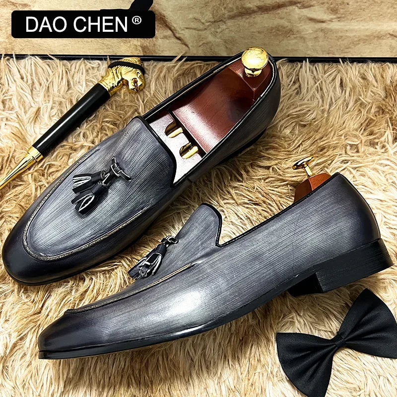 ELEGANT MEN CASUAL SHOES BLACK GRAY SLIP ON TASSELS LOAFERS LEATHER MENS DRESS SHOES WEDDING OFFICE FORMAL SHOES FOR MEN