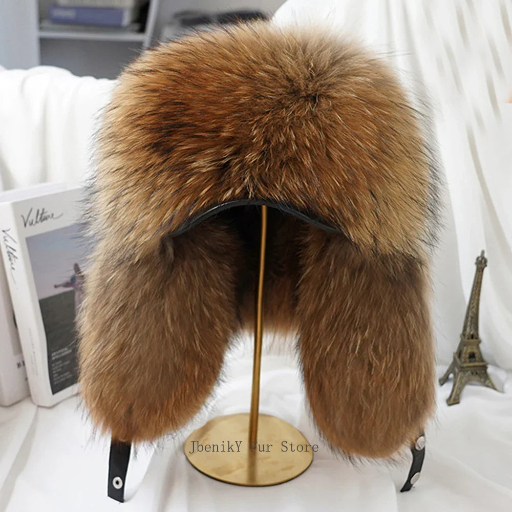 2025 Cap 100% Raccoon Dog Full Fur Fox Fur Hat Men's Fur Ear Protection Winter Thickened and Warm Russian Hat Men's Trend