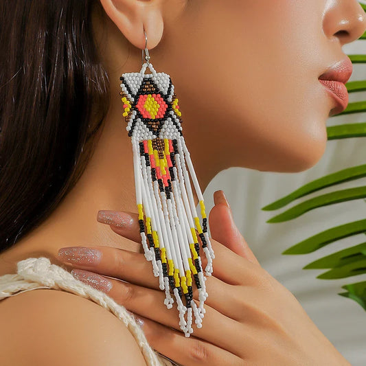 MYYA  White Rice Beads Earrings For Women Retro Boho Tassels Water Drop Earrings Exaggerated Ethnic Style Earrings Jewelry