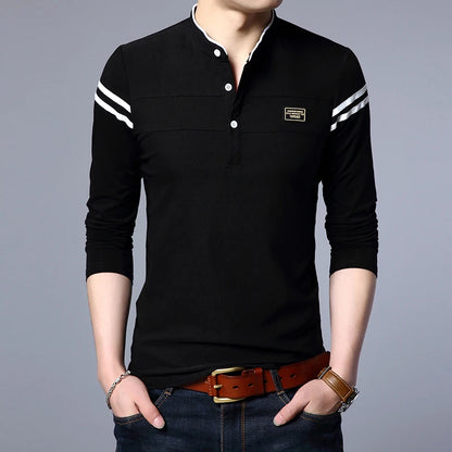 Men's Fashion Summer Long Sleeved POLO T-shirt Casual Cotton Breathable Top Stand Up Neck Long Sleeve Korean Comfortable Shirt
