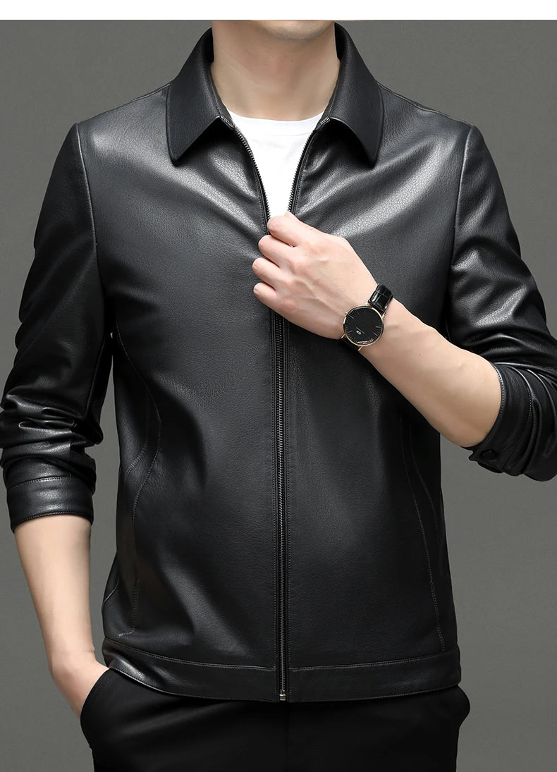 Spring and Autumn Men's Genuine Leather Polo Mock Neck Jacket Fashion