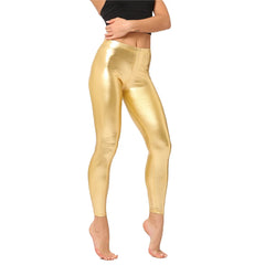 Metallic Color PU Leggings Women Leather Pants Dancing Party Pant Night Club