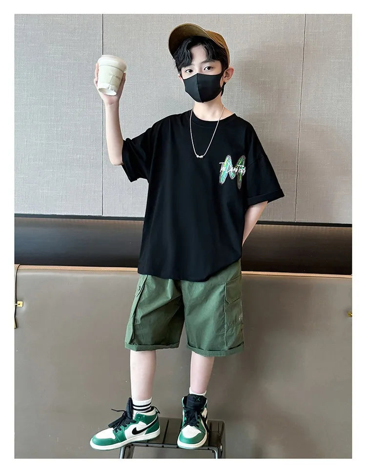 New Teen Boys Clothing Set Summer Letter Short Sleeve T-shirt Pants 2Pcs Suit For 5 6 8 10 12 Years Kids Handsome Casual Outfit