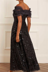 Black Glitter Sequins A-line Prom Dress Elegant Off Shoulder Sleeveless Wedding Dress