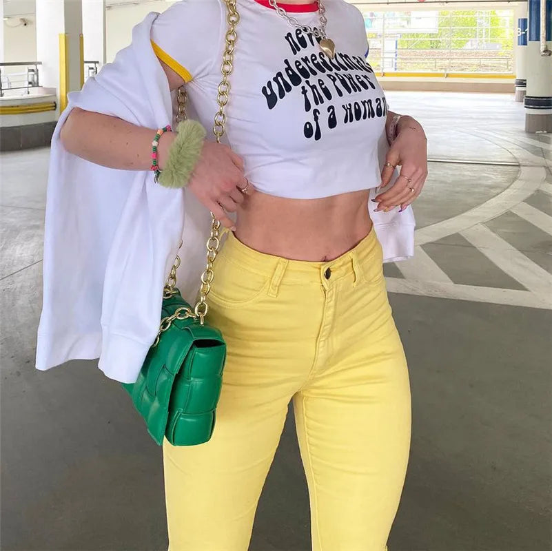 Women Stretch Flare Yellow Ripped Jeans Lady Vintage Y2K PunkbHips Strap Pants L