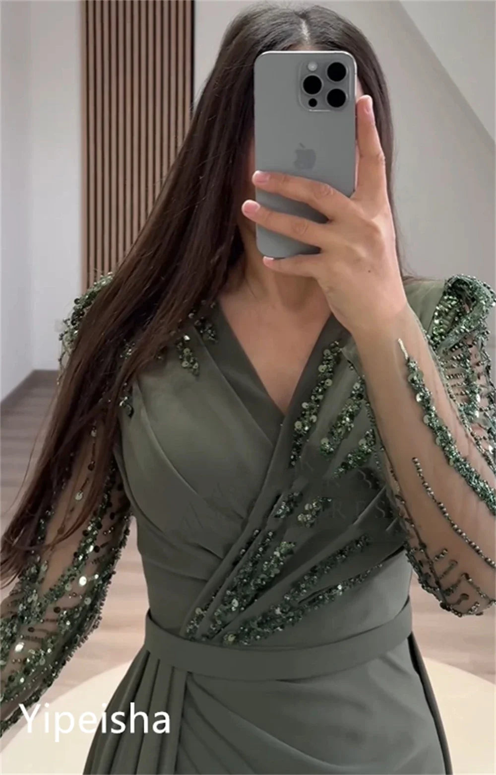 Homecoming Dresses: V-neck Sheath Celebrity Sequin Flowers Fold Satin Prom Dresses