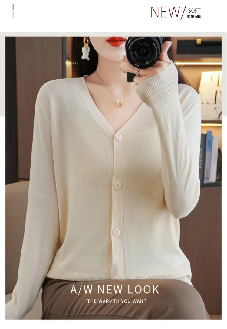 Summer Korean Version Thin Solid V-Neck Ice Silk Knitted Long Sleeve
