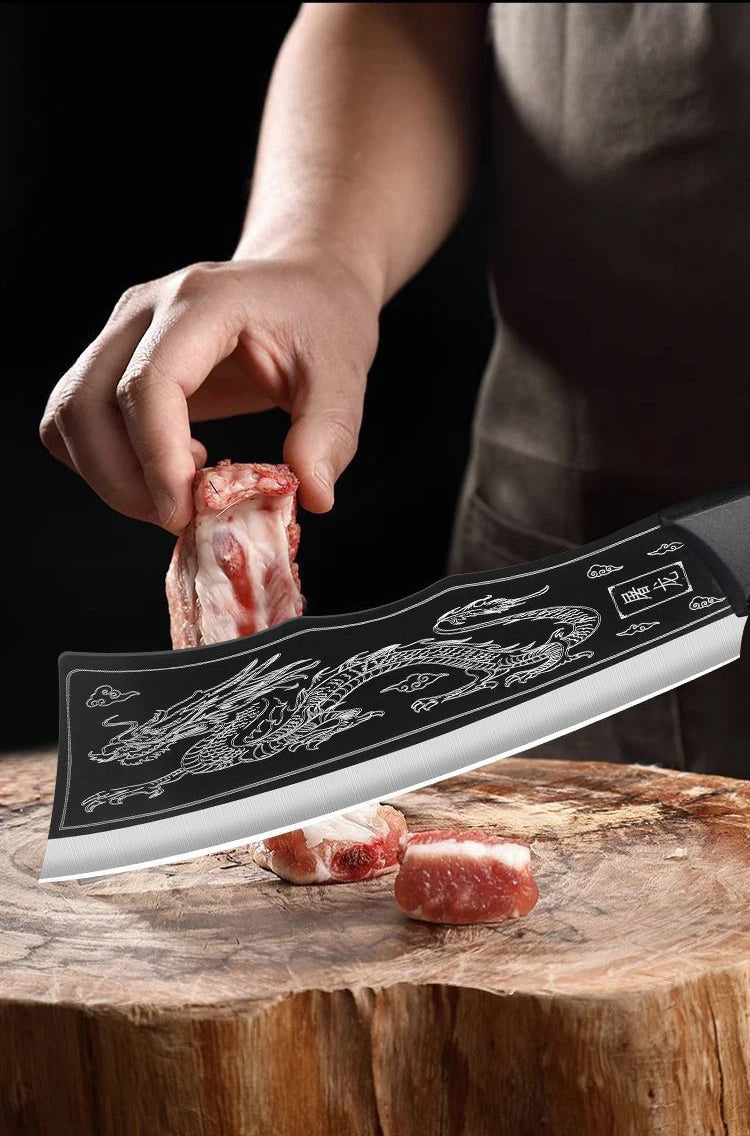 Dragon Pattern Forged Bone Chopping Knife Stainless Steel Meat Cleaver Sharp Knife
