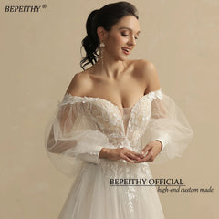 Boho Ivory Wedding Dresses For Women Bride Deep Neck Full Sleeves