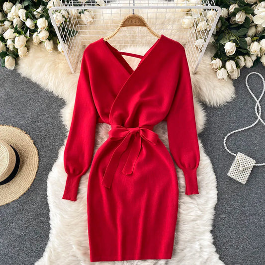 Evening wear Dresses: Women Dress Elegant Sash Bandage Bodycon Mini Dress