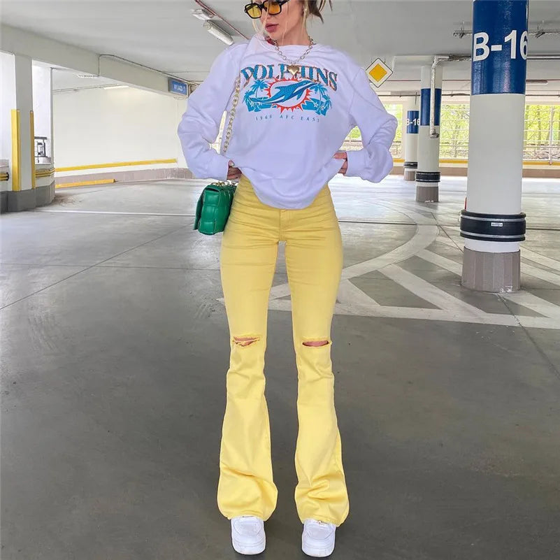 Women Stretch Flare Yellow Ripped Jeans Lady Vintage Y2K Punk High Waist Denim Pants
