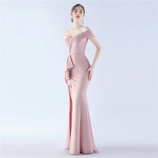 Women's Off Shoulder Evening Dress Long Soft Satin Formal Party Maxi Dress