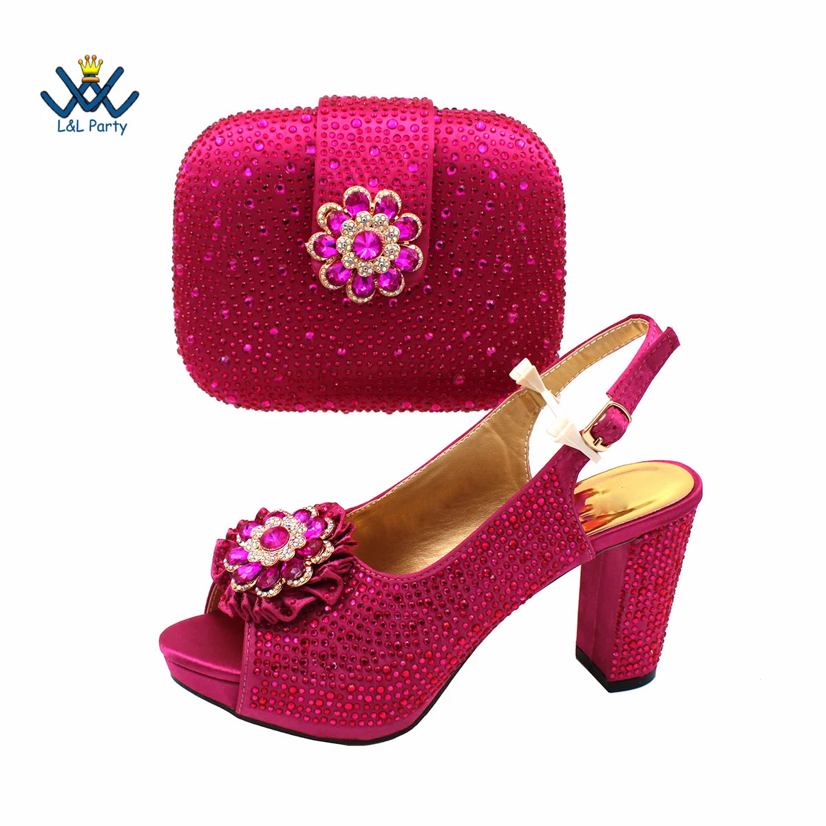 2022 Sweet  Special Design Women Crystal Style African Ladies Party Shoes Matching Bag in Magenta Color