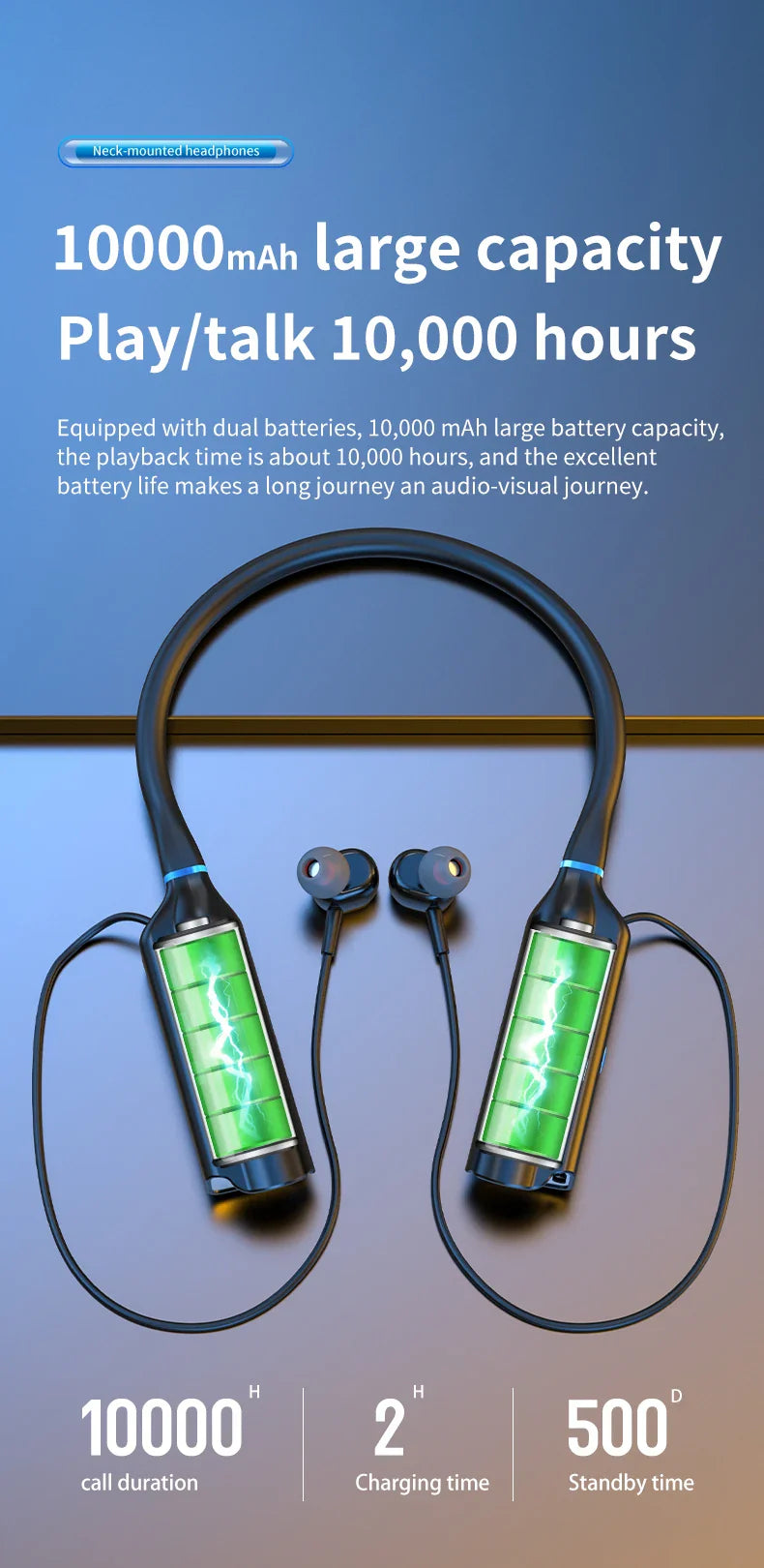 10000mAh 10000Hours Playback Wireless Bluetooth Earphones Magnetic Sports Running Headset Neckband Sport Earbuds Noise Reduction