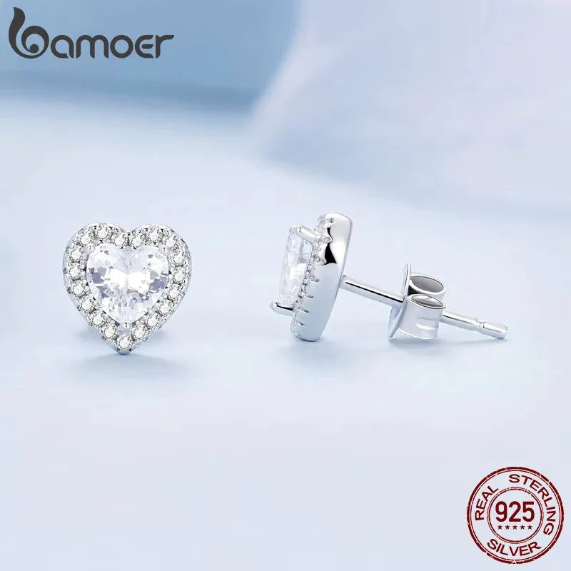 BAMOER Gold Plated Halo CZ Stud Earrings 925 Sterling Silver Hypoallergenic Classic Elegant Heart Earrings Jewellry BSE894
