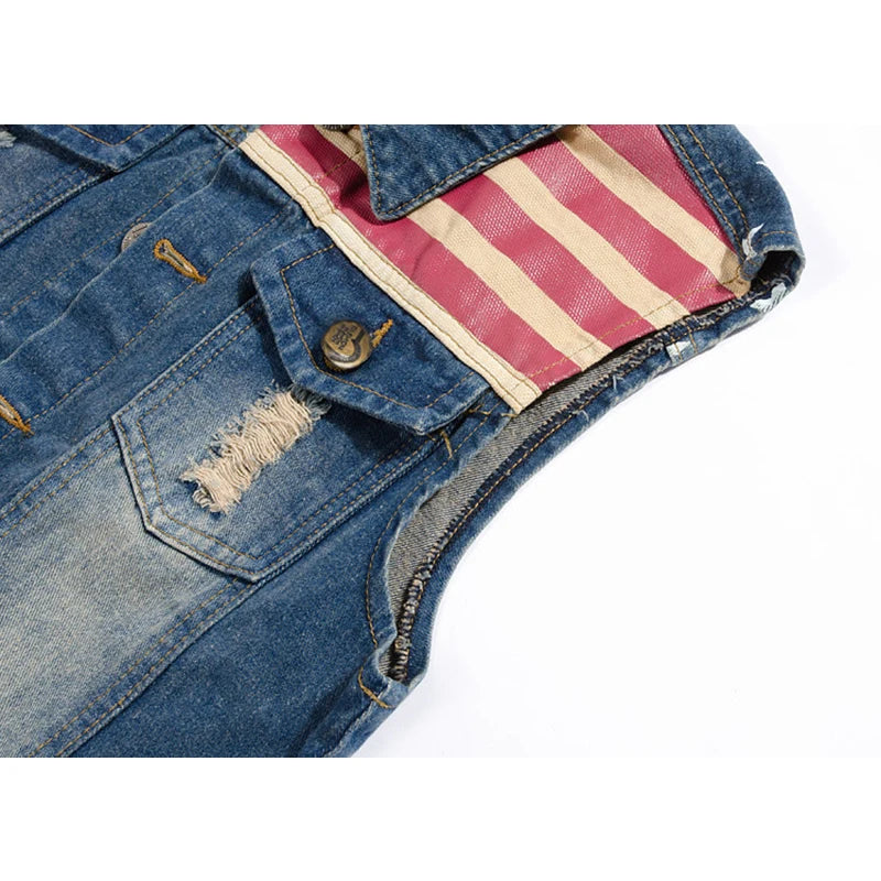 Vest for Men Spliced USA Flag Demin Waistcoat Mens Jackets Fashion Boy Jeans