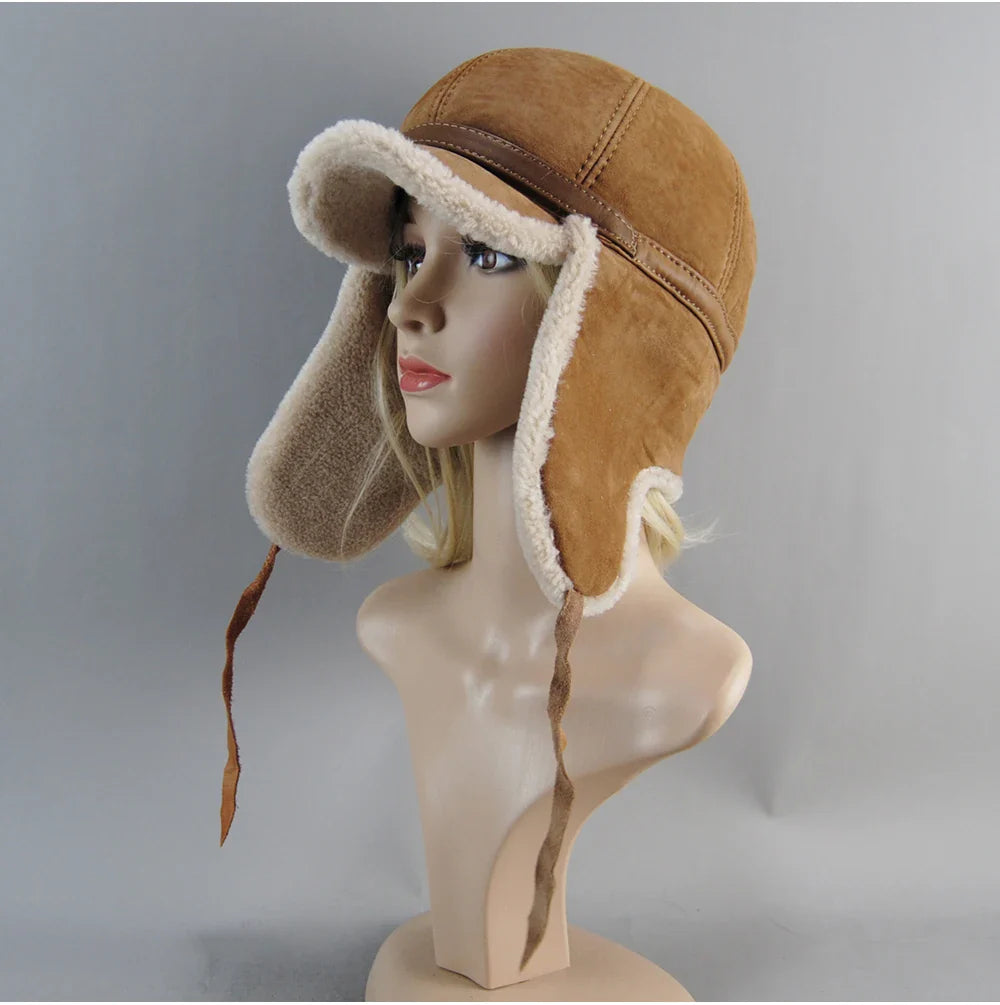 Real Fur Wool Hat Unisex New Winter Warm Bomber Russian Ushanka Hats With Ear Flaps Cow Leather Thick Snow Earflaps Baseball Cap