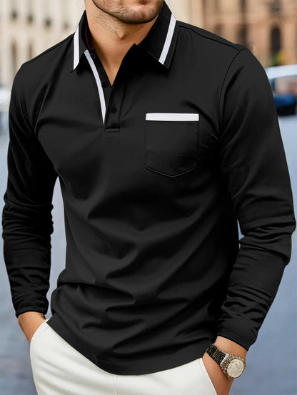 Spring and fall best-selling fashion golf men's lapel pocket comfortable casual sports solid color long sleeve breathable top