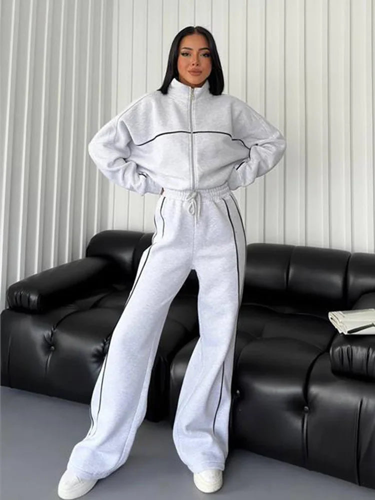 Women's 2 Piece Outfits Lounge Set Oversized Zip Sweatshirt Wide Leg Sweatpant