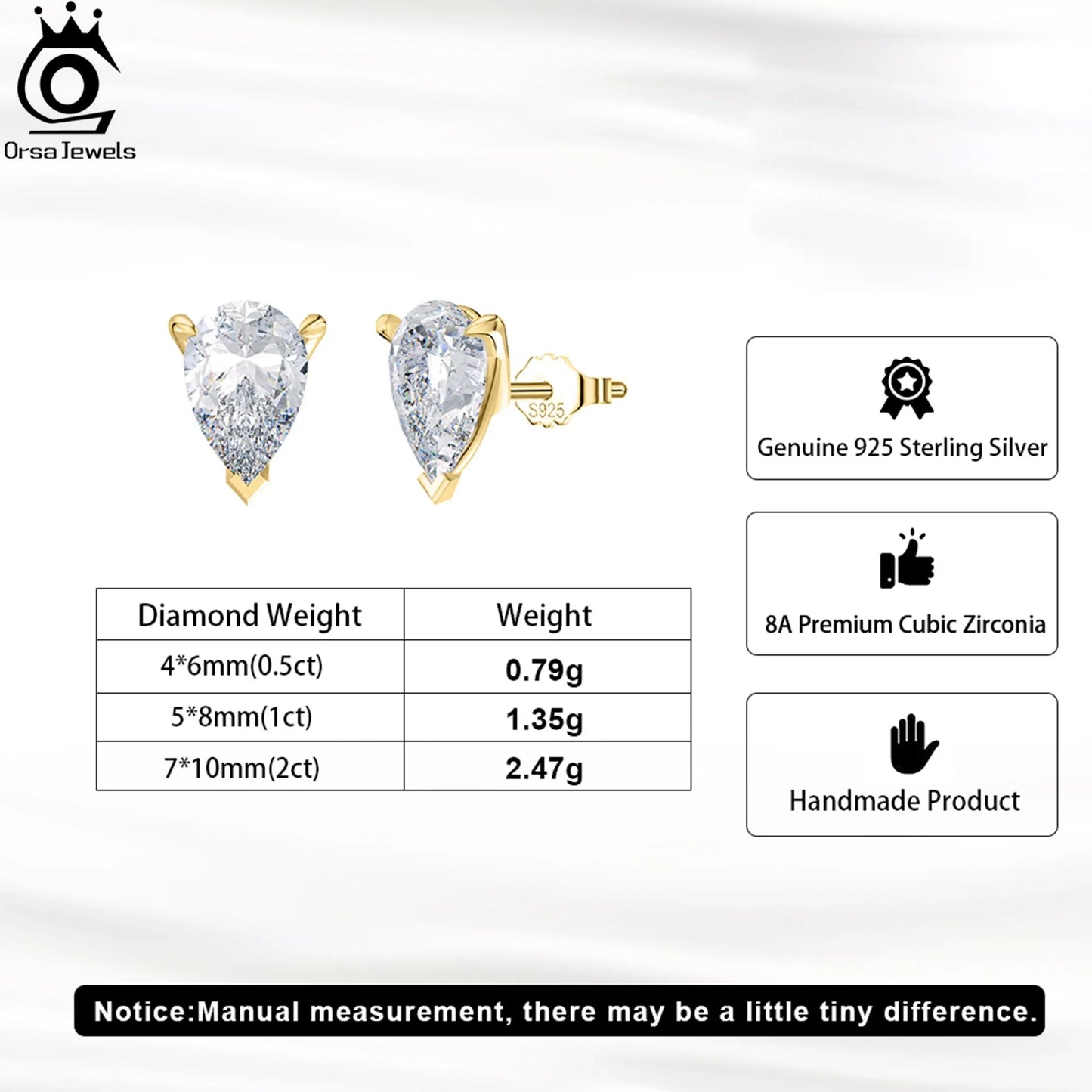 ORSA JEWELS 925 Sterling Silver Stud Earrings with Water Drop Cut Zirconia Stone, Elegant and Timeless Jewelry for Women LZE02