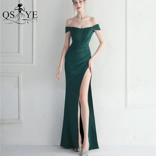 Off Shoulder Green Long Prom Dress Ruched Bodice Split Party Gown