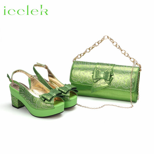 2023 New Arrival Lmeon Green  High Heel Sandals Shoes Matching Bag Set For Ladies Wedding Party Pumps