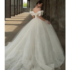 Off The Shoulder Sweetheart Neck Shiny Beading Pearls Bow Tulle Lace Bow Ball Gown Wedding Dresses With 100cm Chapel Train