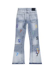 Retro Blue Flared Jeans For Men Slim Fit Long Length Stacked Denim pant