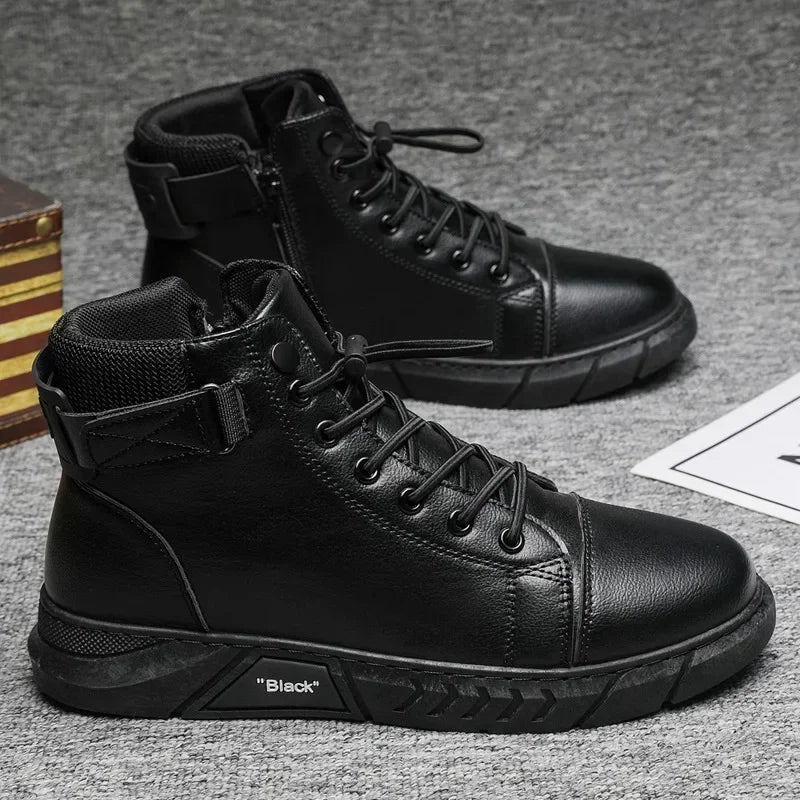 Spring and Autumn New British Style Thick Soled Work Safety Boots Trend with Warm Soft Soled High Top Men's Casual Leather Boots