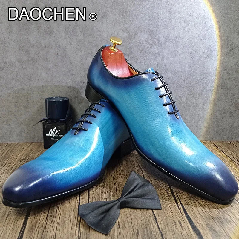 LUXURY BRAND MEN'S OXFORD SHOES LACE UP POINTED TOE BLUE BLACK FORMAL DRESS MAN SHOES WEDDING BUSINESS LEATHER SHOES MEN