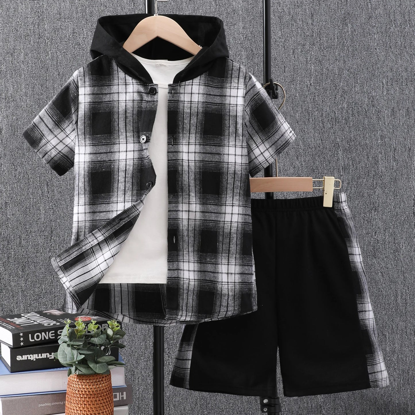 Boys Plaid Outfit Short Sleeves Button Down Hooded Shirt & Shorts Casual For Summer Kids Clothes